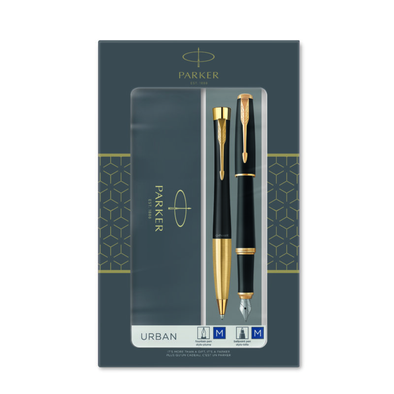 2093381 Parker Urban DUO Matte Black Gold Trim Ballpoint and Fountain Pen Set