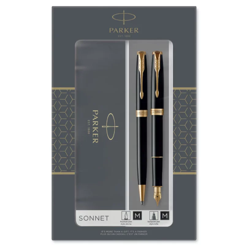 2093371 Parker Sonnet Black Gold Trim Ballpoint Fountain Pen Set